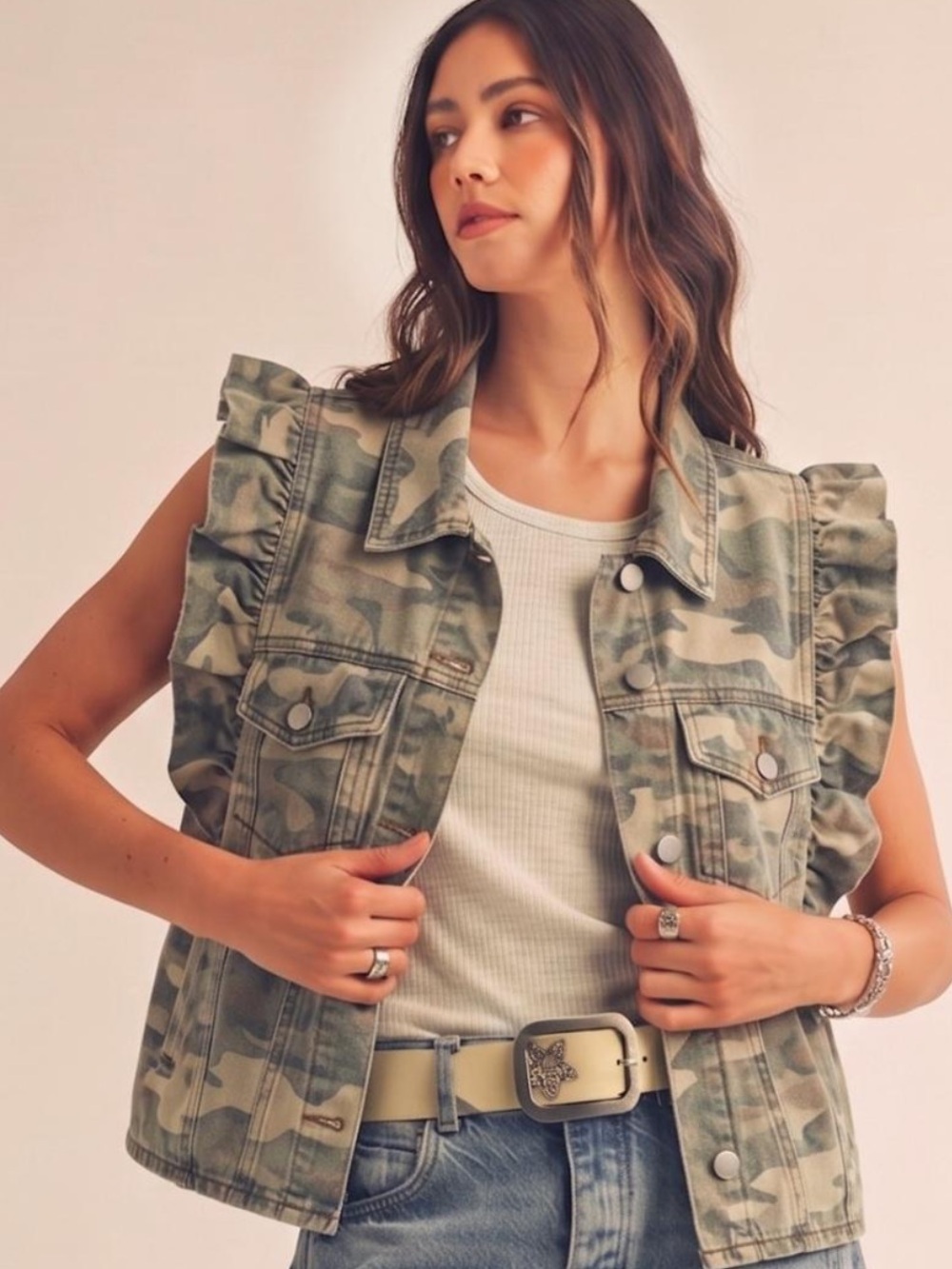 L9–💚🤎(ETA 9/30) Ruffle-Sleeve Camouflage Utility Vest - Green Camo